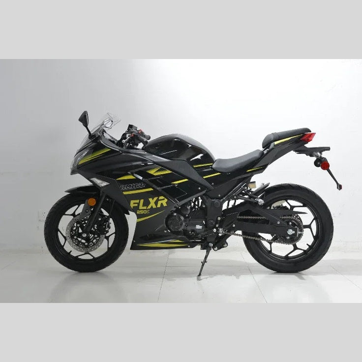 Yellow accent Amigo FLXR 250i fuel injected motorcycle side profile