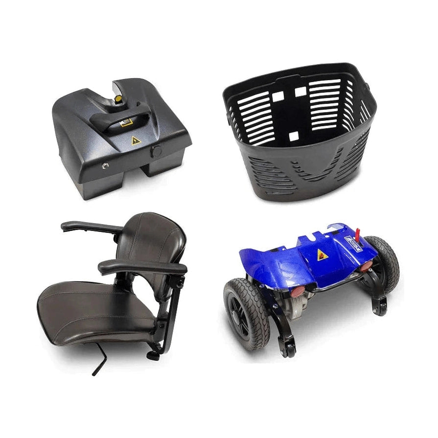 Detachable components of EW-M35 electric scooter including battery, seat, and basket