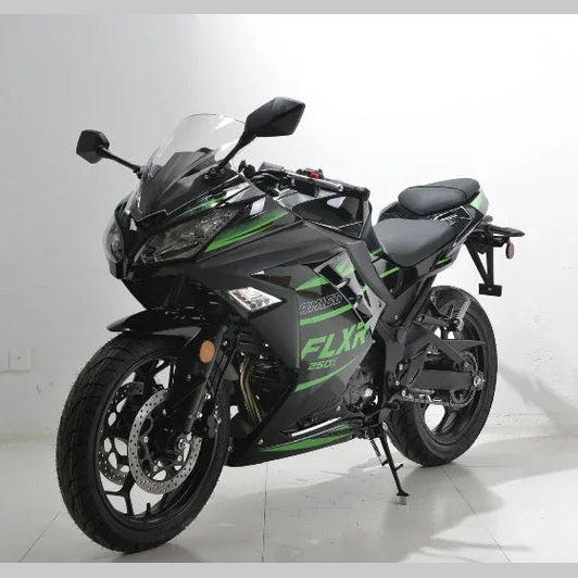 Black and green Amigo FLXR 250i sport motorcycle front view with dual disc brakes