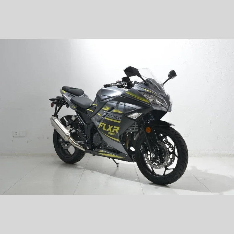 Gray and yellow Amigo FLXR 250X sport bike side profile with spoked wheels