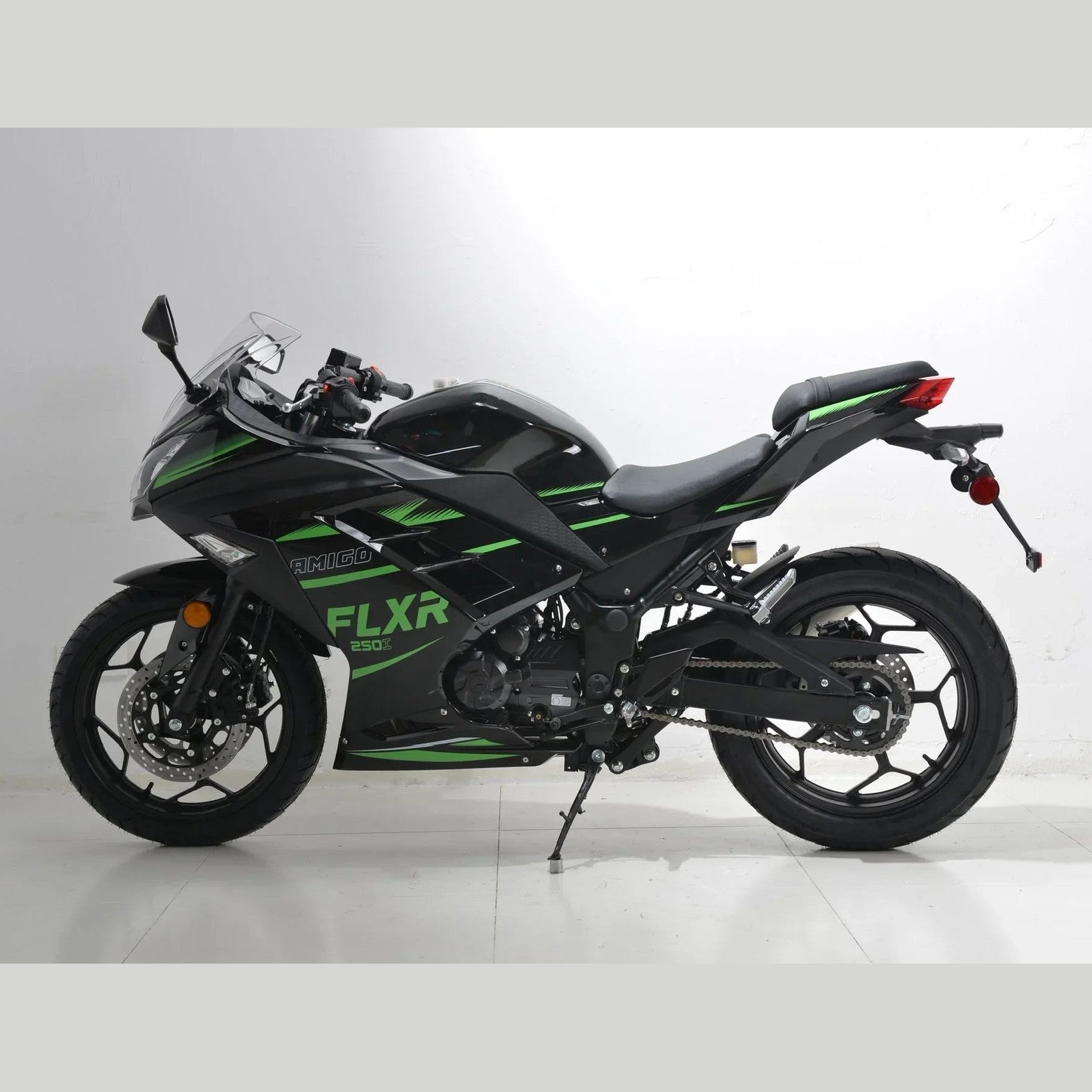 Black and green Amigo FLXR 250i sport motorcycle full side profile with decals