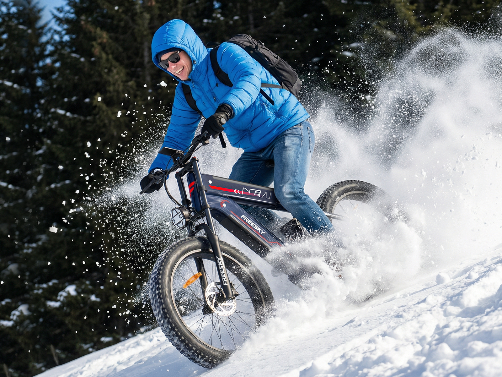 Rider on Freesky fat tire e-bike in deep snow