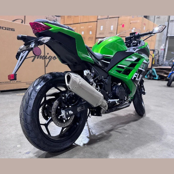 Rear three-quarter view of green Amigo FLXR 250i with chrome exhaust and tail light