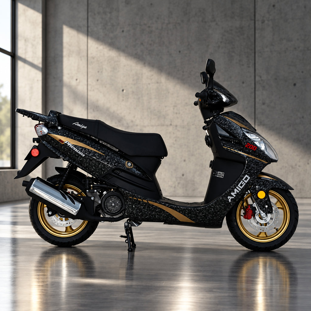 Black Amigo Phenom 200 scooter with left-side exhaust