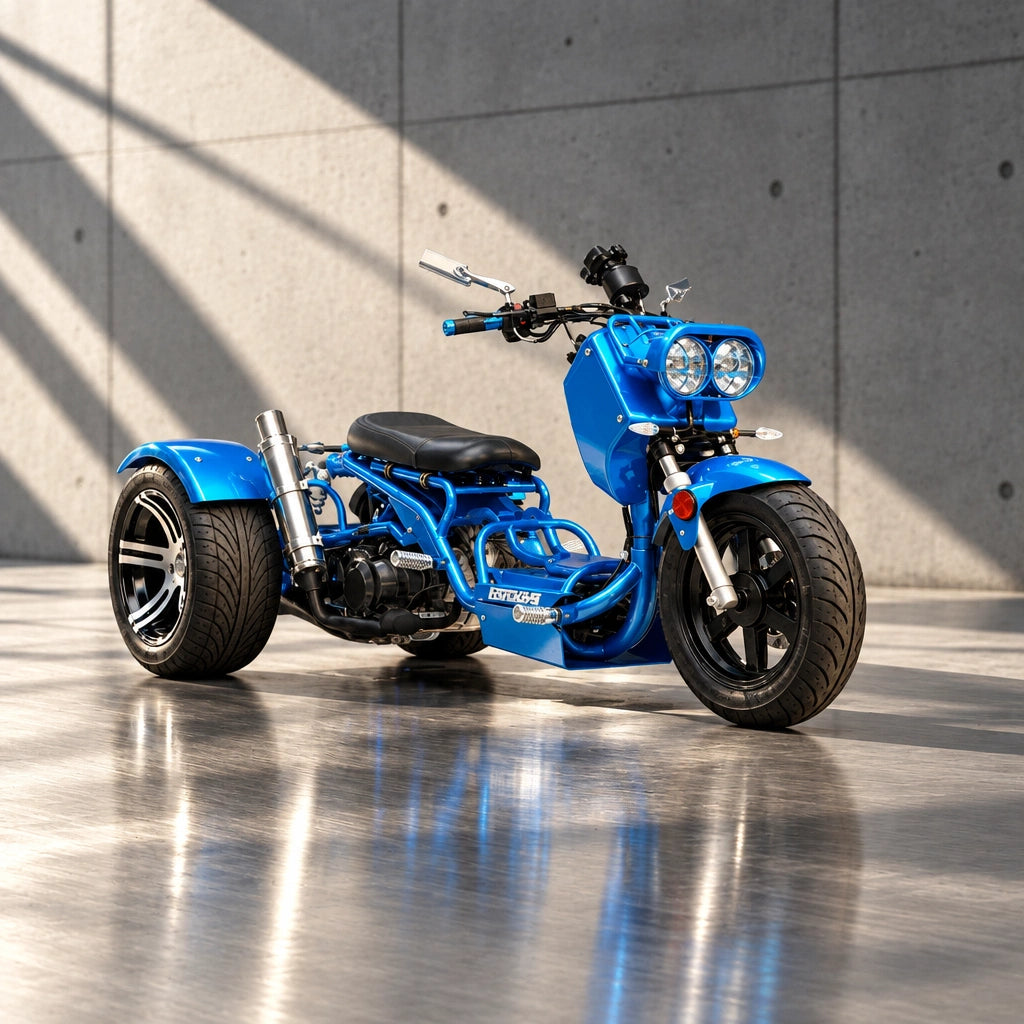 ICE BEAR MADDOG PST150N trike front view showing LED headlights and wide tire