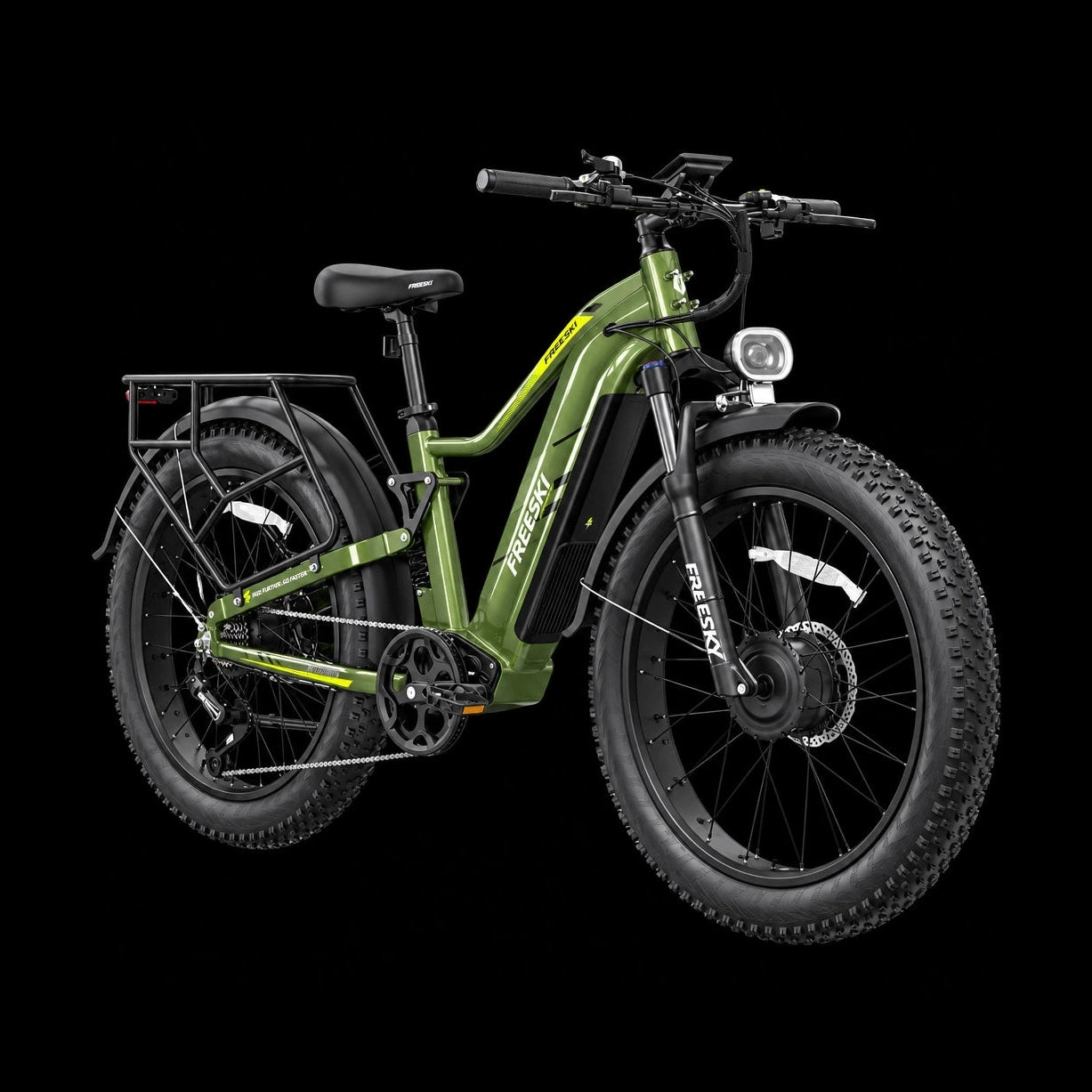 Eurostar Turbo M-410 matte olive green fat tire electric bike with neon yellow accents