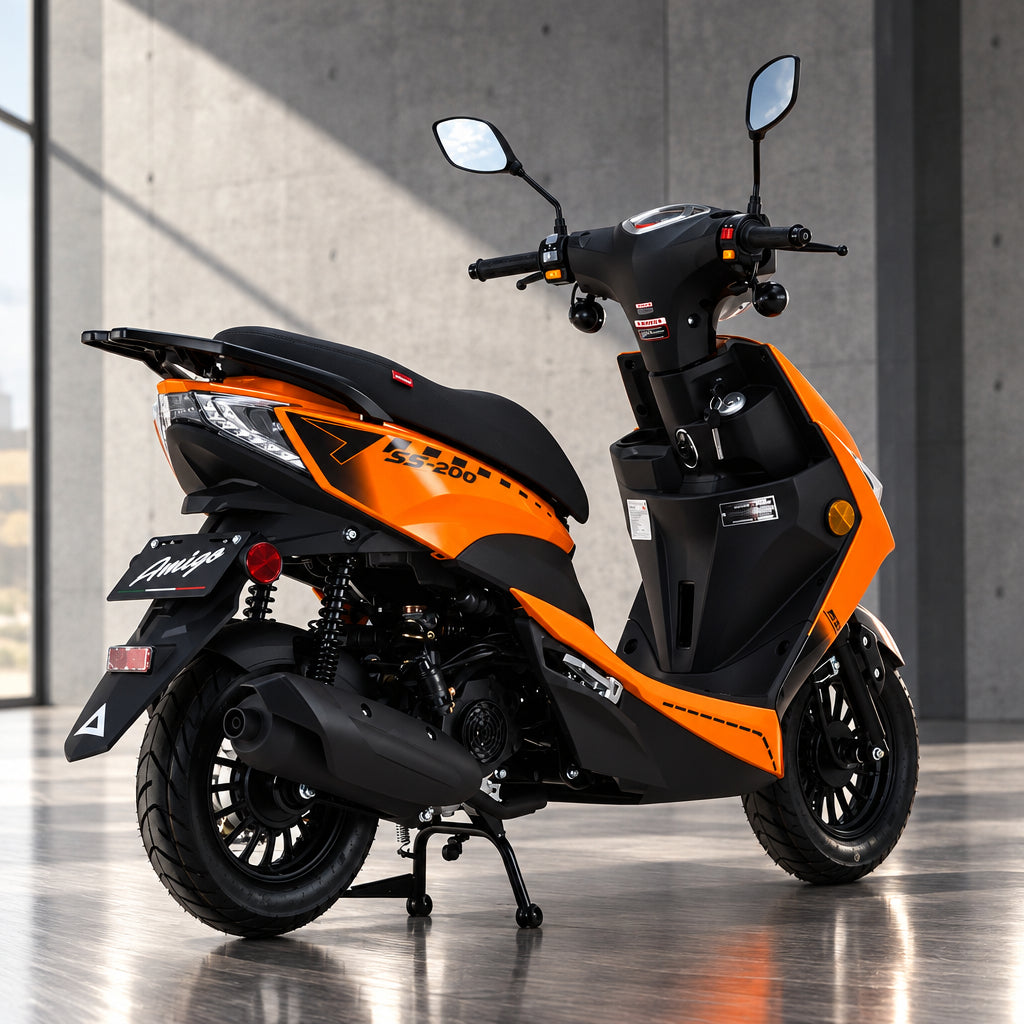 Orange and black Amigo SS-200 scooter rear three-quarter view