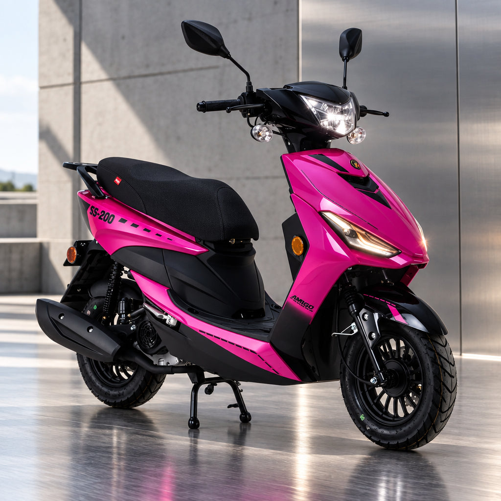Pink and black Amigo SS-200 automatic scooter front view