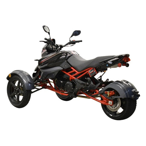 Black Cougar SX200 trike rear view showing red frame, disc brake, and exhaust pipe