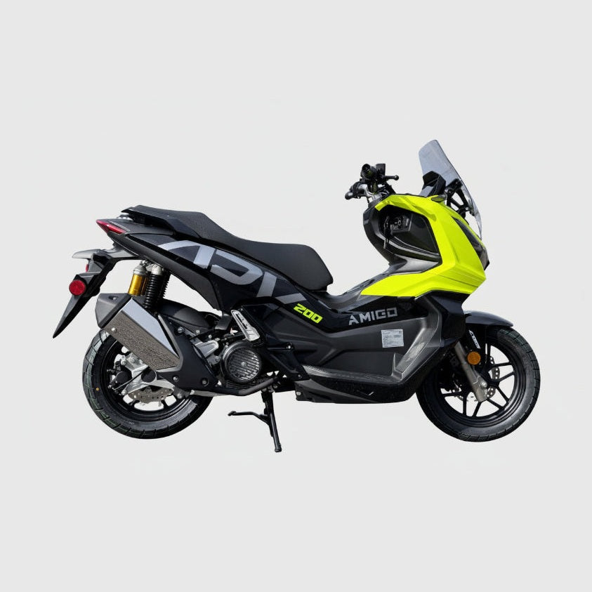 Yellow-green Amigo 200cc ADV scooter side profile with gold shocks