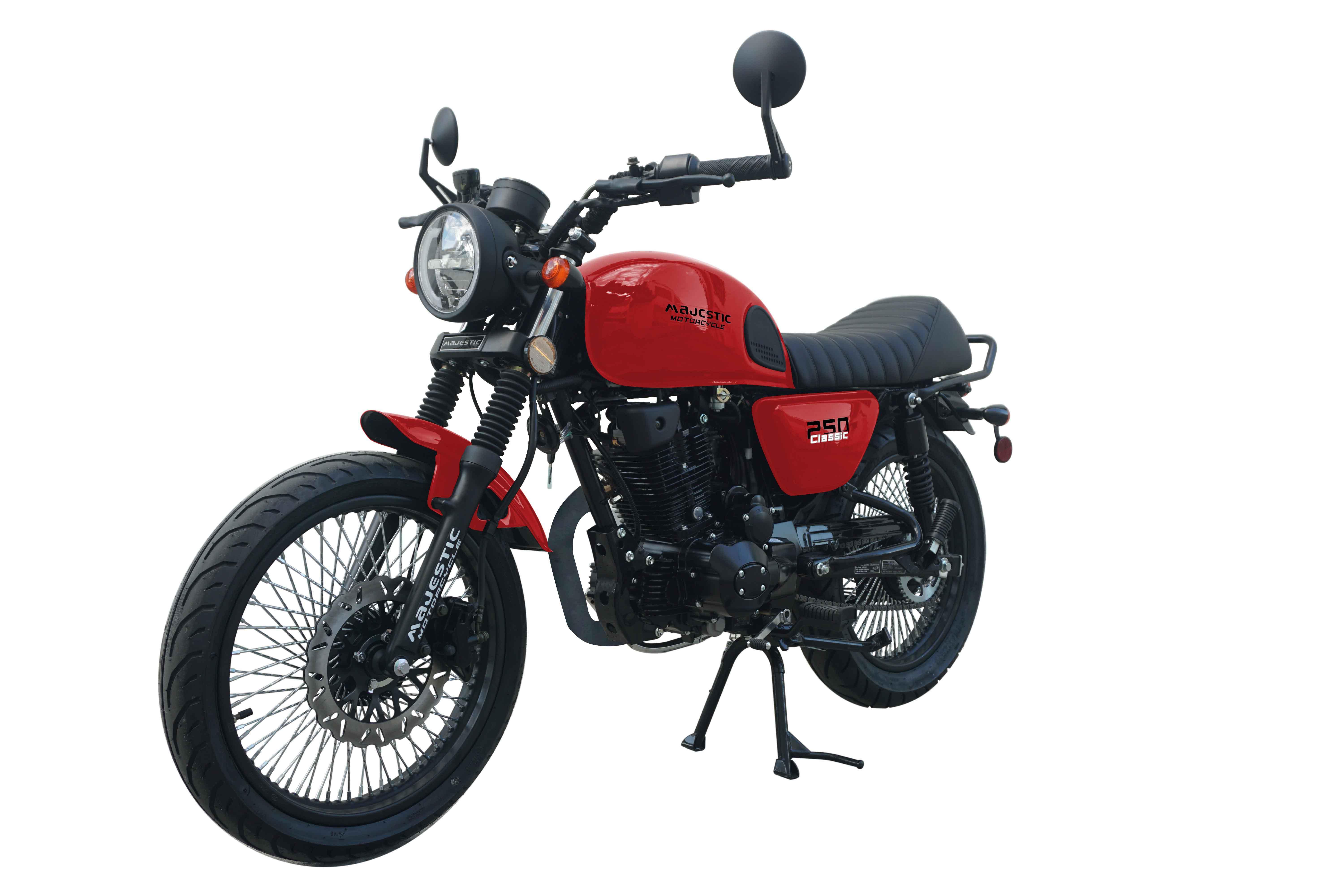 Red Majestic 250 Classic motorcycle with black accents, round headlight, and spoked wheels