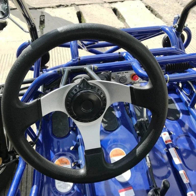 Close-up of blue go kart steering wheel and dashboard controls