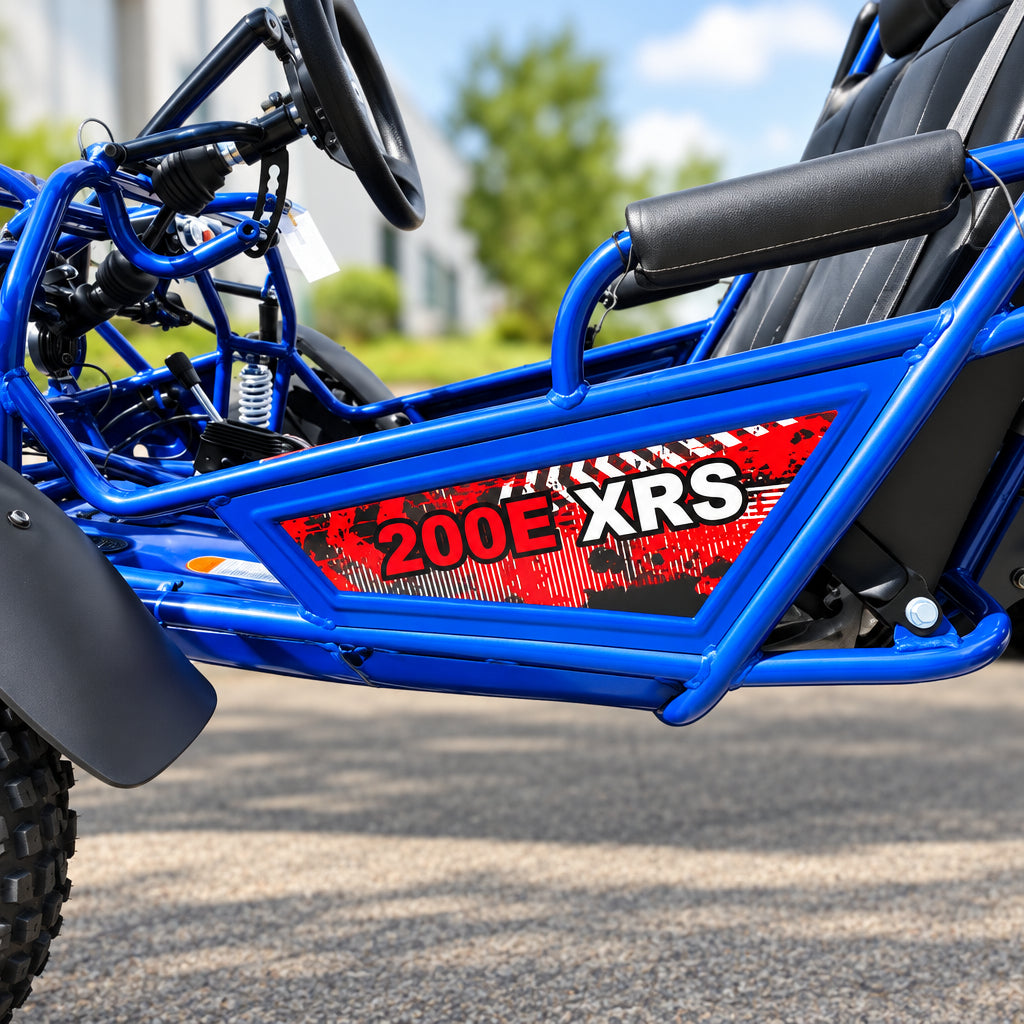 Close-up of red and black 200E XRS graphic decal on frame