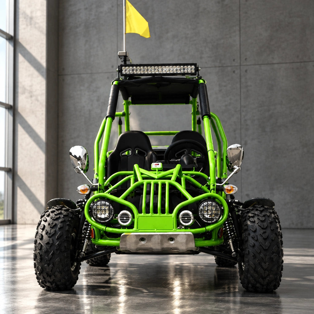 Front view of green Trailmaster 200cc go kart with dual bucket seats and bikini top