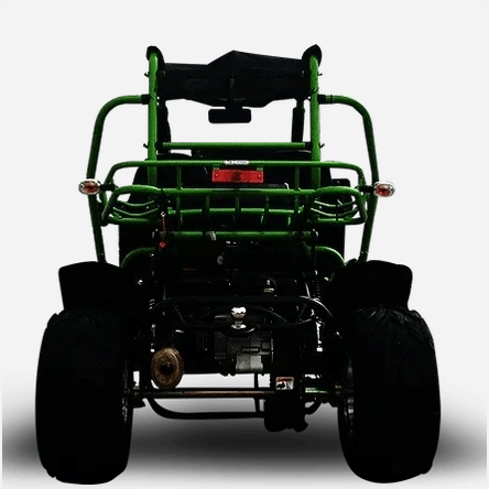 Rear view of green Trailmaster go kart with red reflector and exposed exhaust pipe
