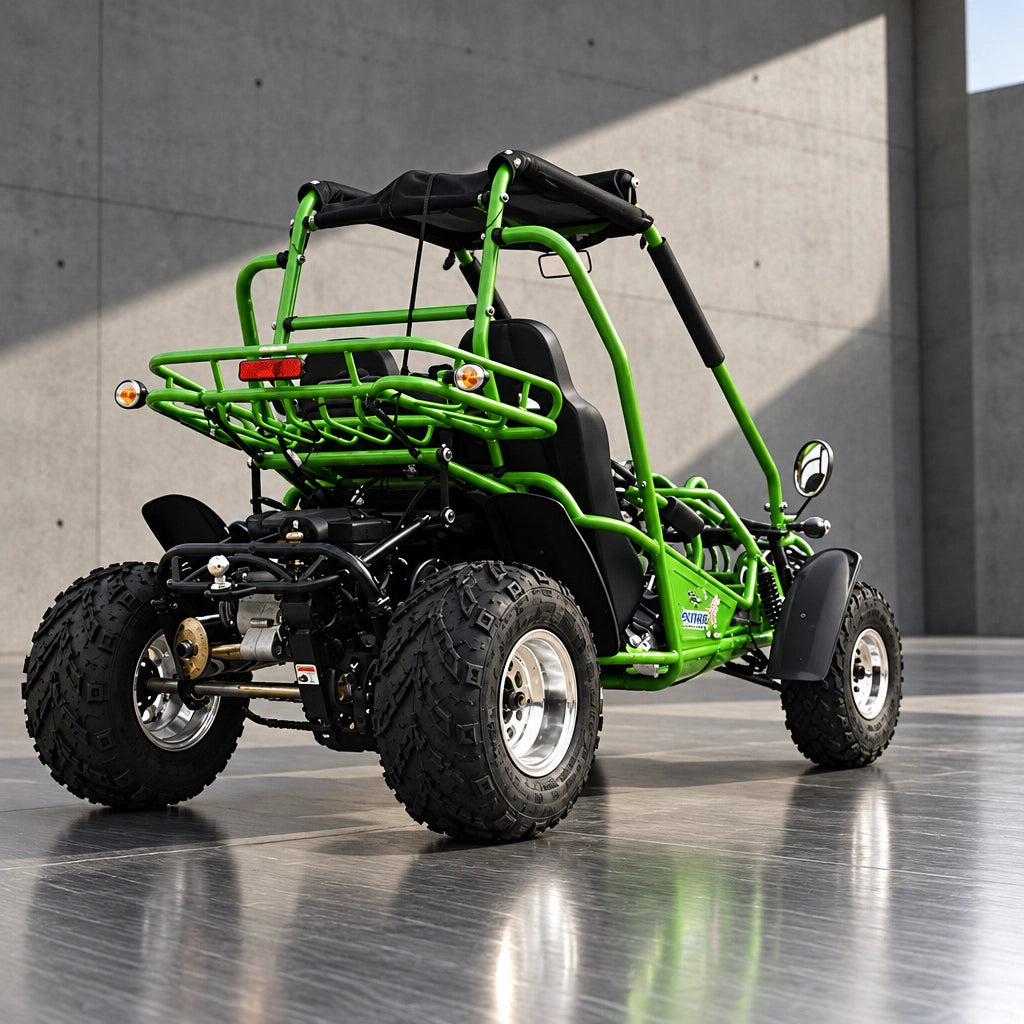 Rear three-quarter view of green off-road go kart showing cargo rack and engine components