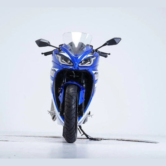 Blue Vitacci Falcon 200cc motorcycle front studio shot with spoked wheels