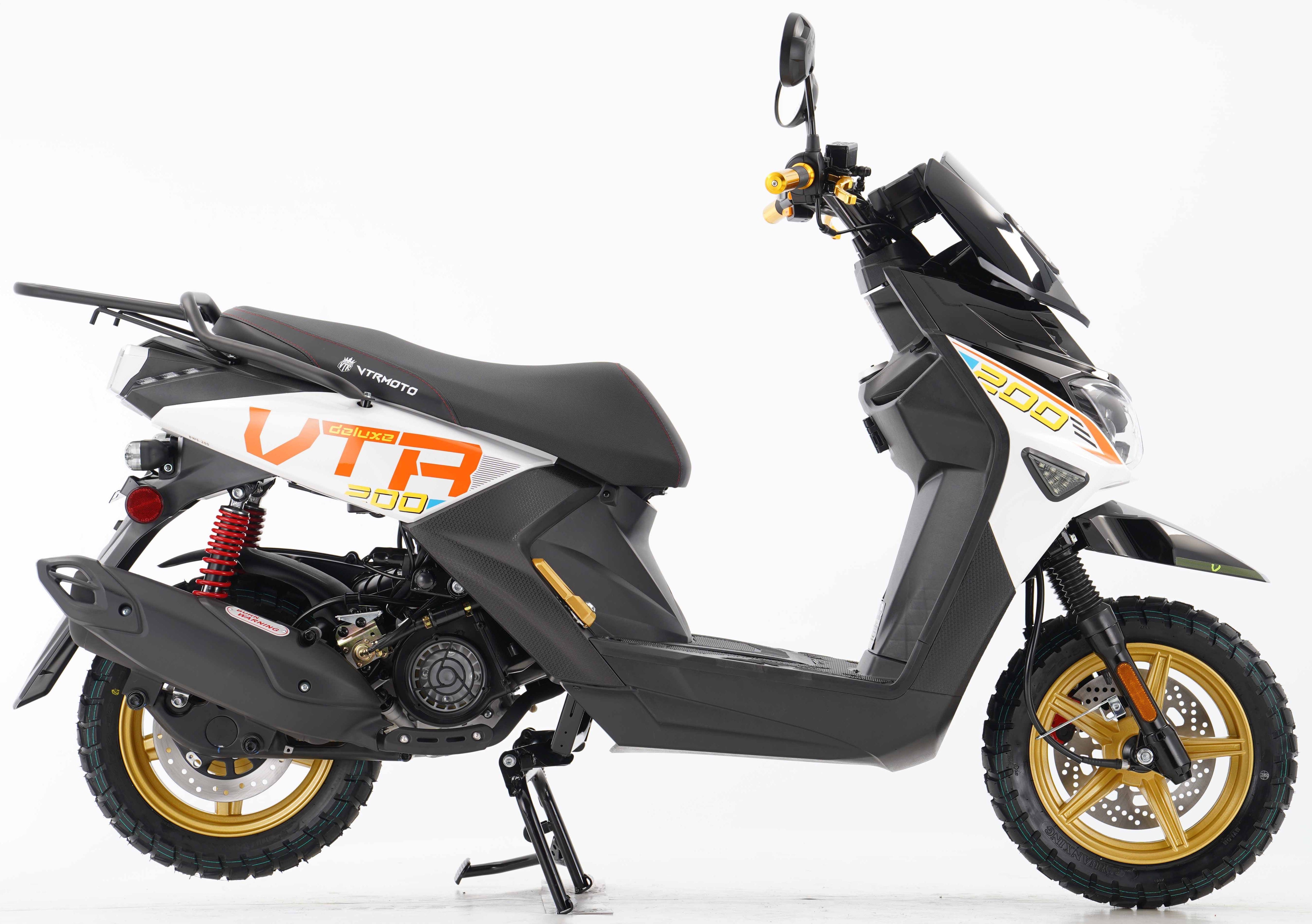 White and orange FIGHTER PRO 200CC VTR scooter with gold wheel rims