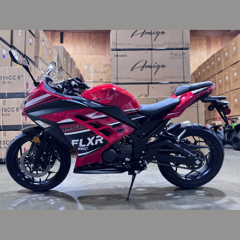 Amigo FLXR 250i sport motorcycle in warehouse with disc brakes