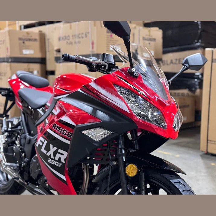 Red and black Amigo FLXR 250i sport bike front three-quarter view with headlight