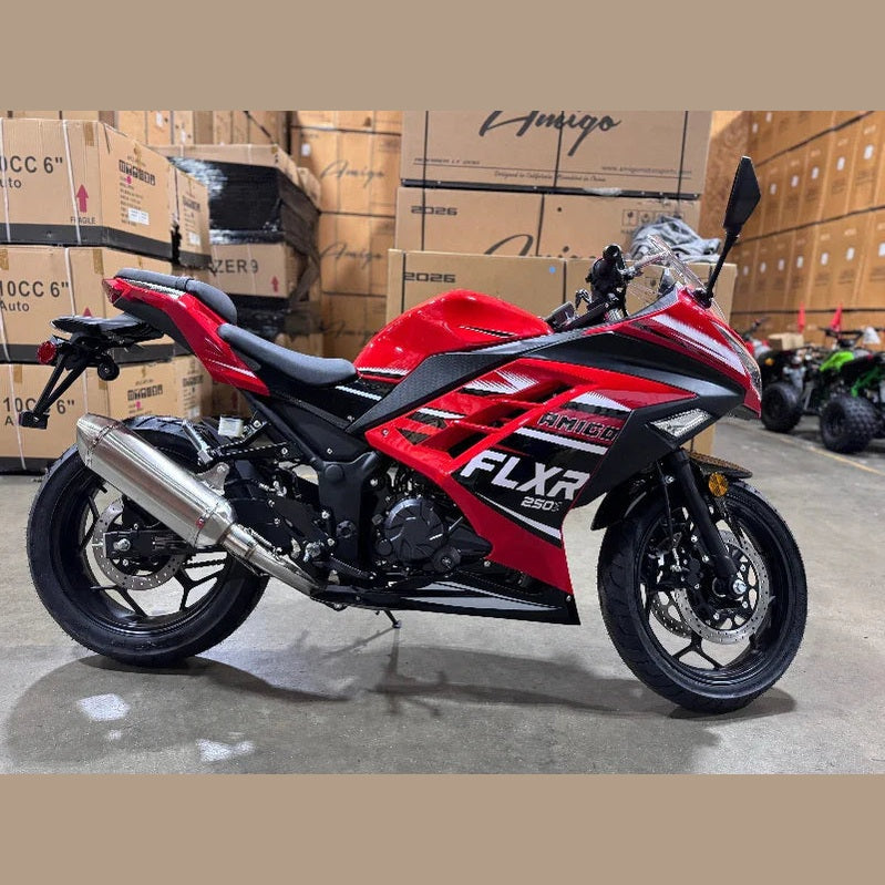 Red and black Amigo FLXR 250i sport bike side view with chrome exhaust