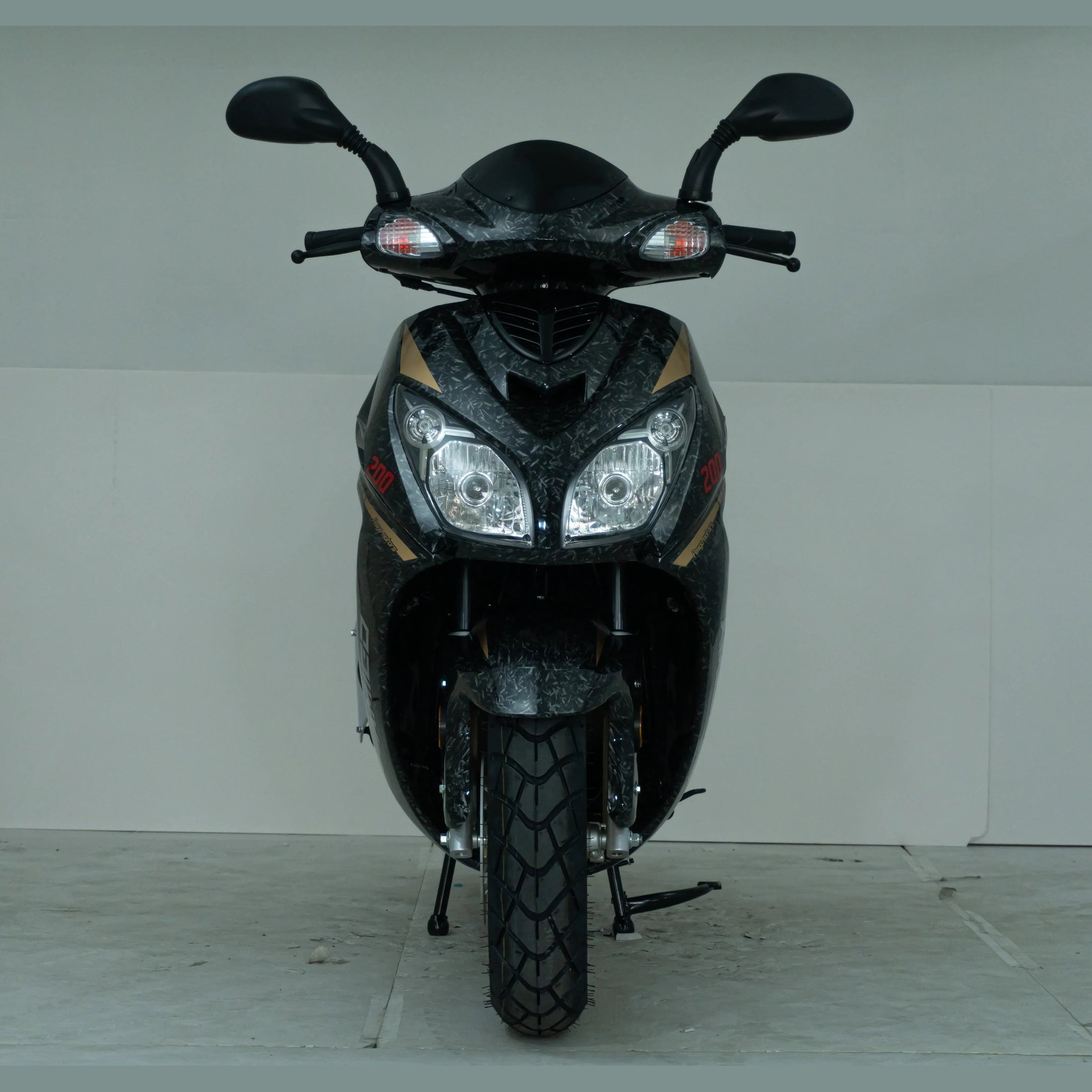 Front view of a black 200cc scooter with dual headlights and mirrors in a studio setting