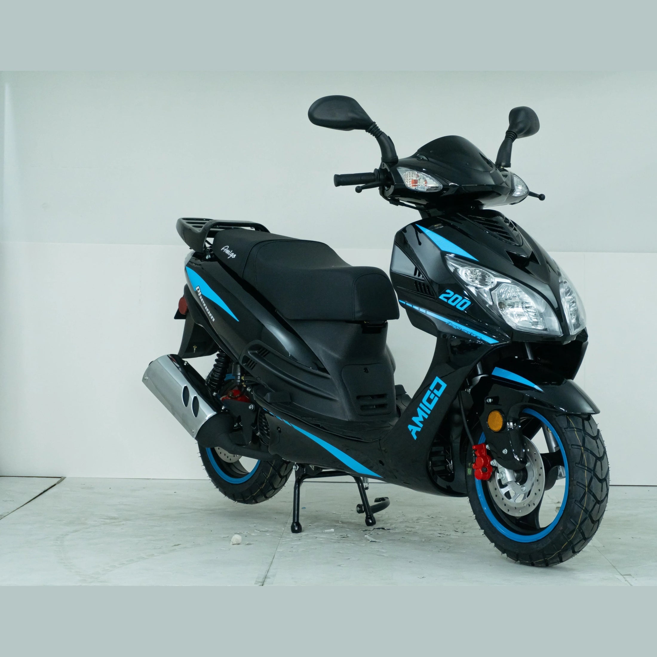Black and blue Amigo 200 scooter with disc brakes in a white studio setting