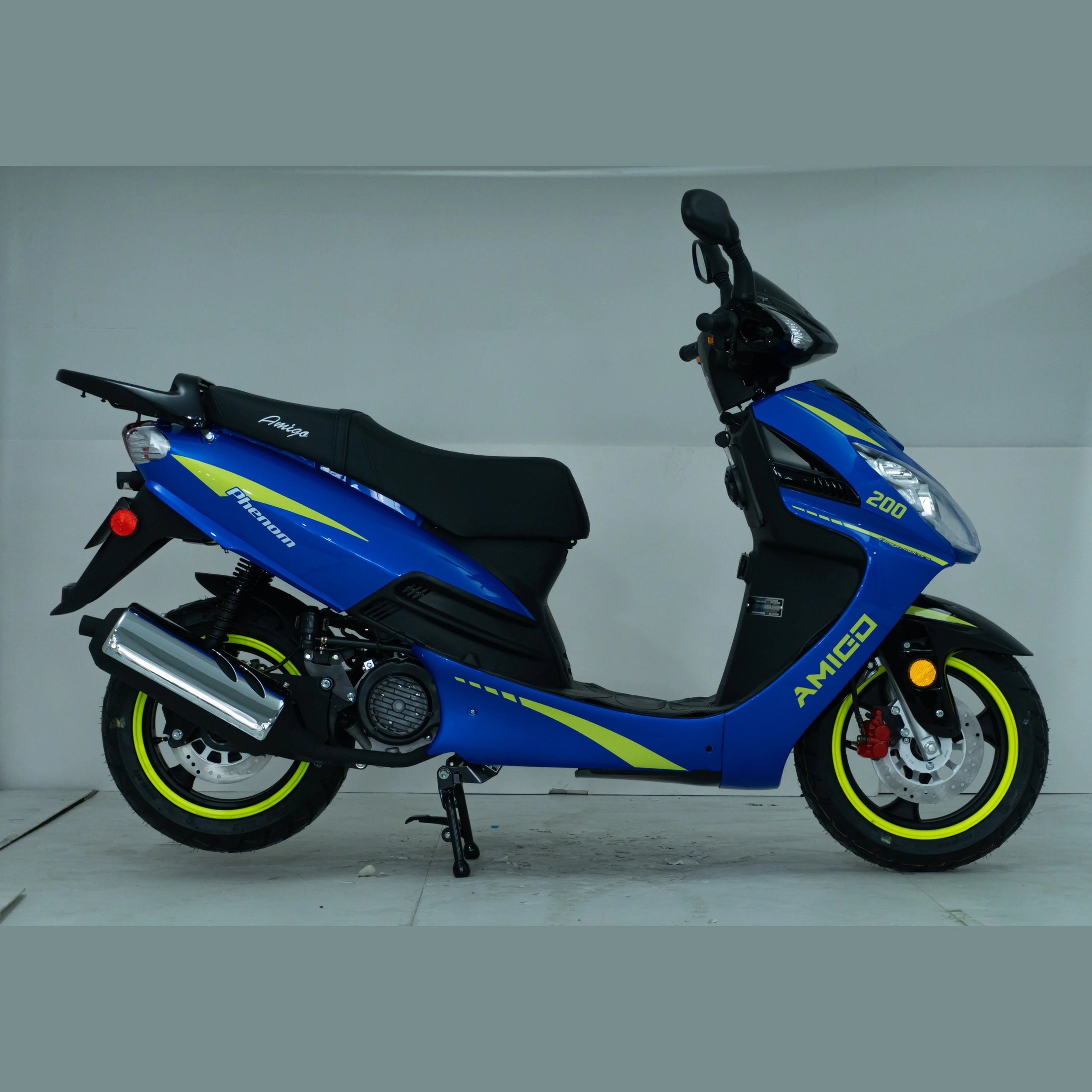 Blue Amigo 200cc scooter with yellow accents, side view, in studio setting