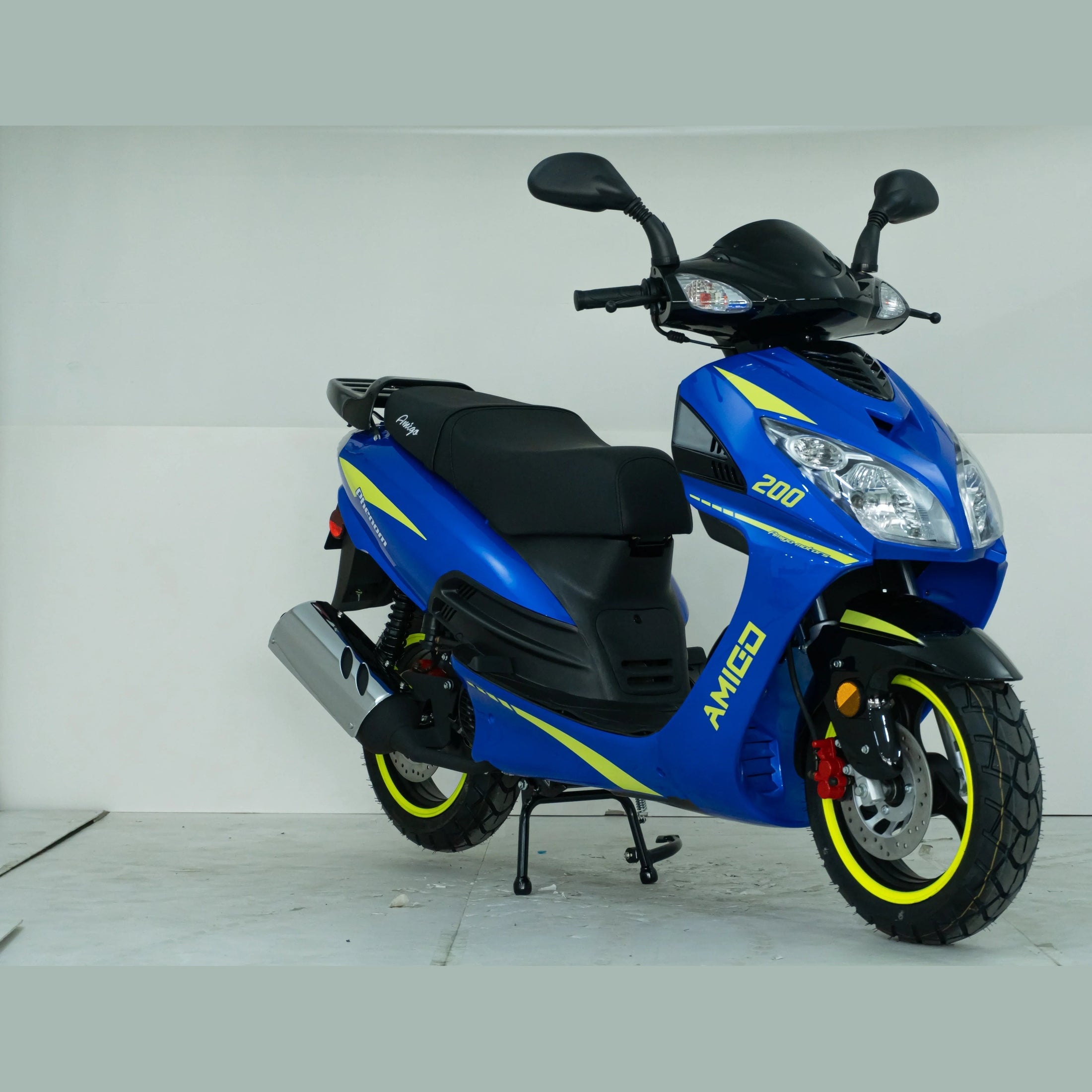 Blue Amigo 200cc motor scooter with sporty yellow accents in a studio setting