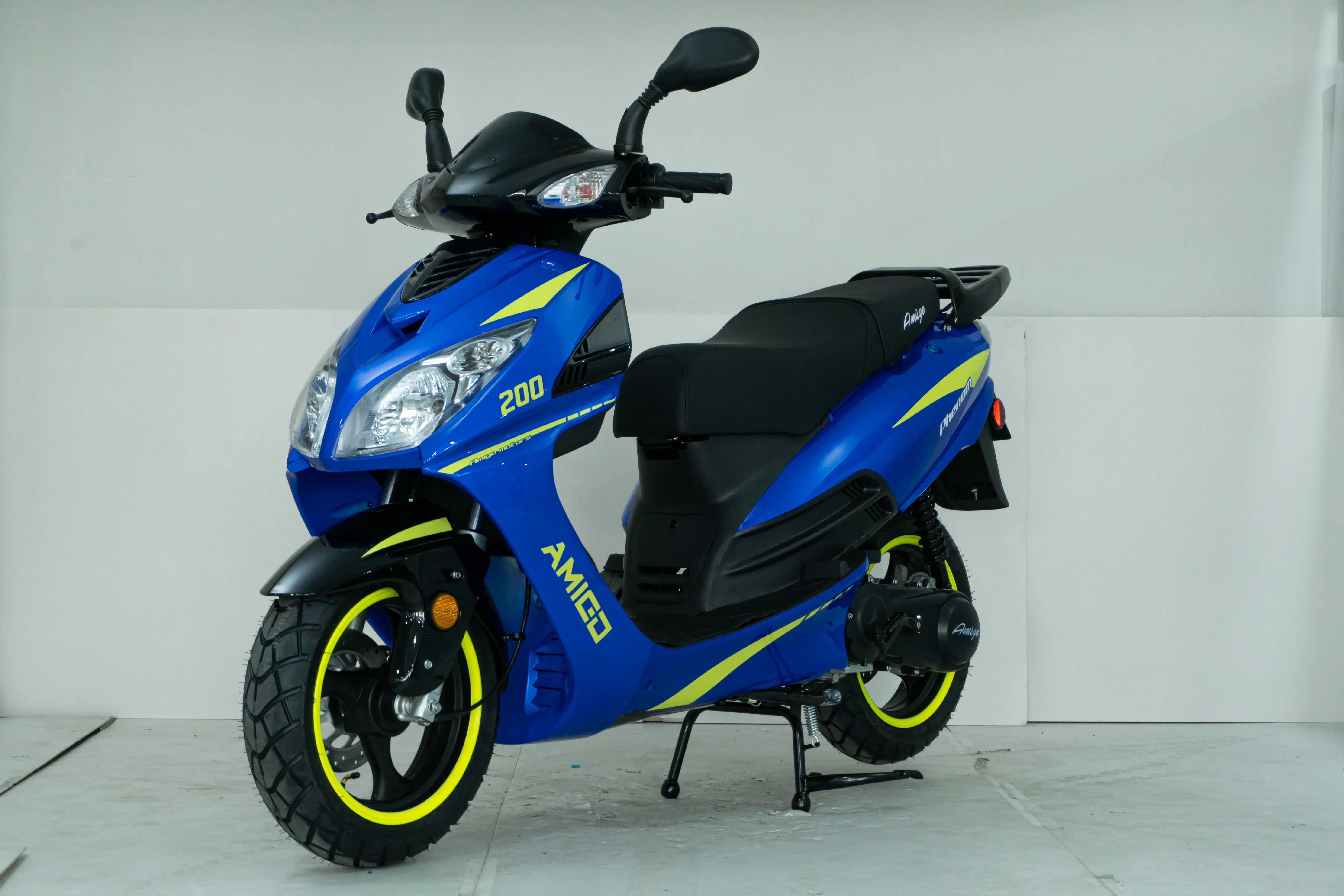 Blue and yellow Amigo 200cc scooter with sporty design and bright accents