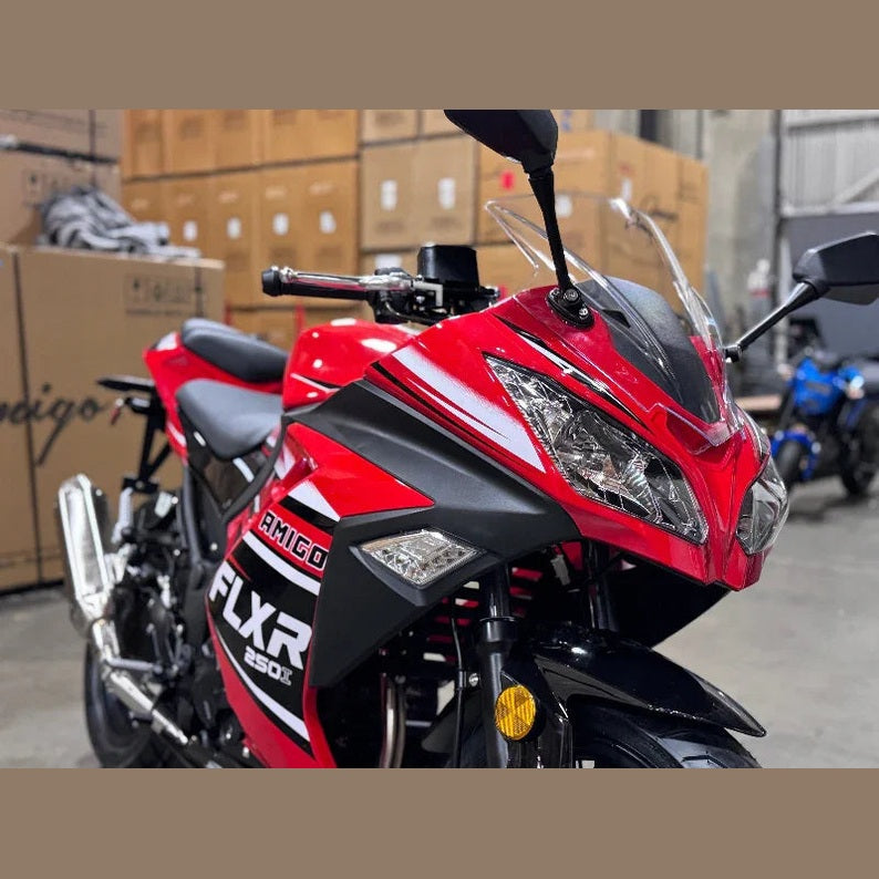 Red and black Amigo FLXR 250X sport motorcycle front view with chrome accents