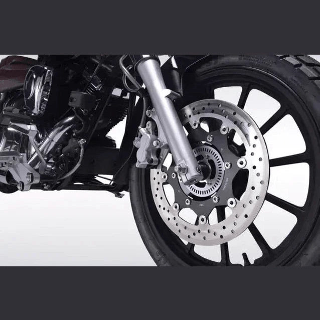 Lifan Lycan 250cc motorcycle front wheel, brake disc, and engine detail