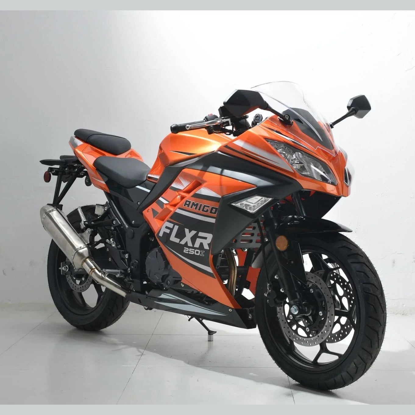Orange and black Amigo FLXR 250i sport motorcycle side profile on white background