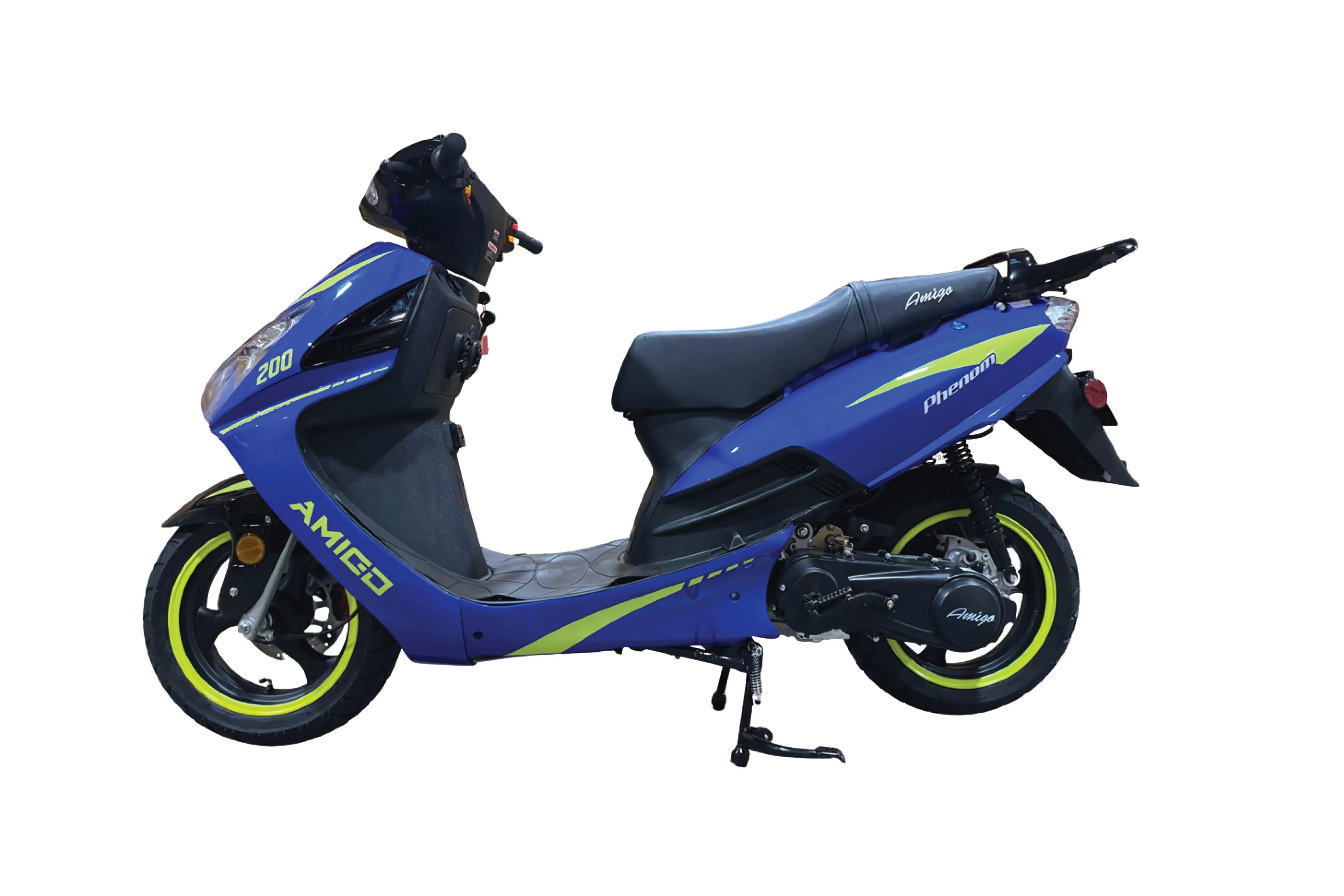 Blue Amigo Phenom 200 scooter with neon green accents and black seat
