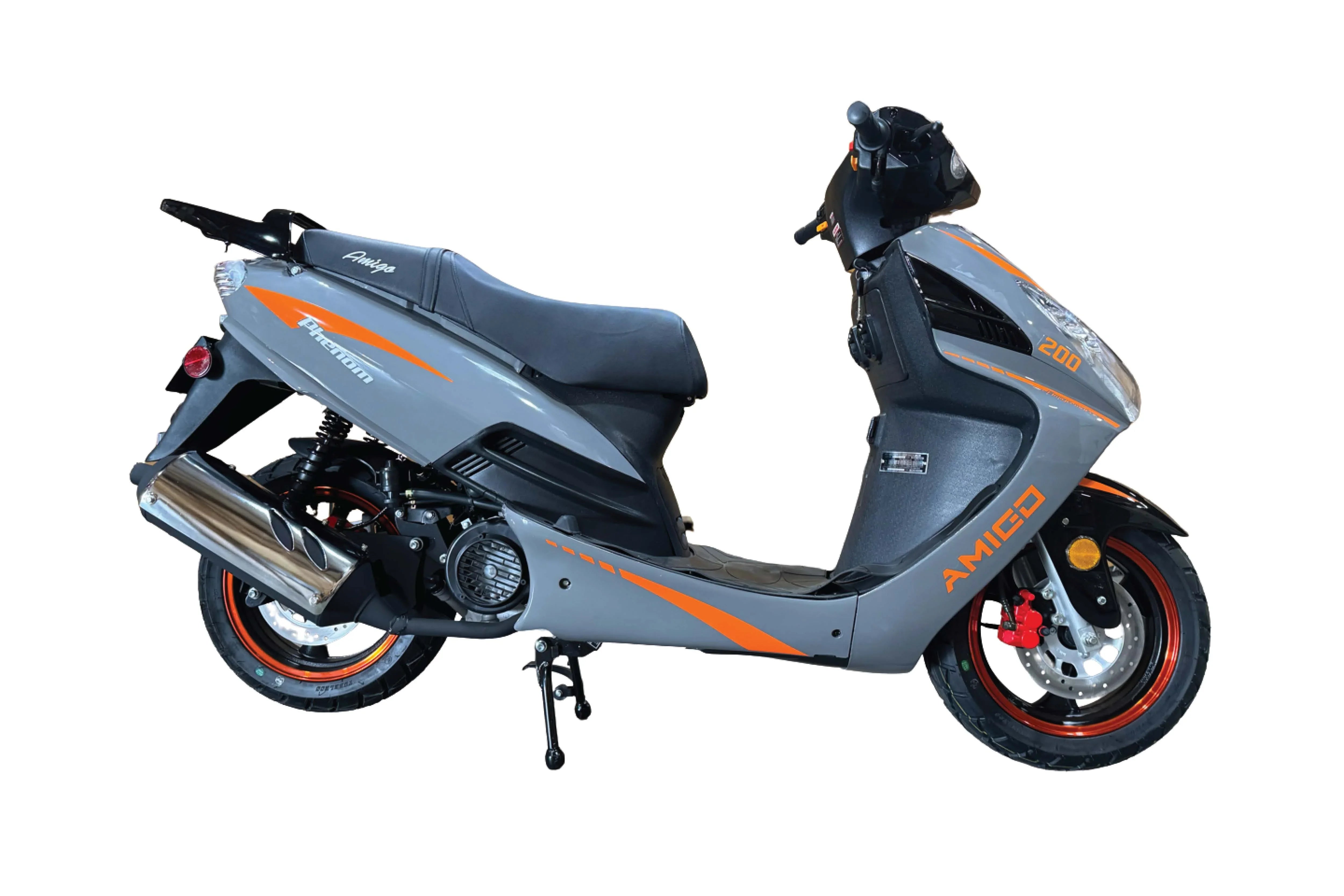 Gray and orange Amigo Phenom 200 scooter with sporty design and red-rimmed wheels