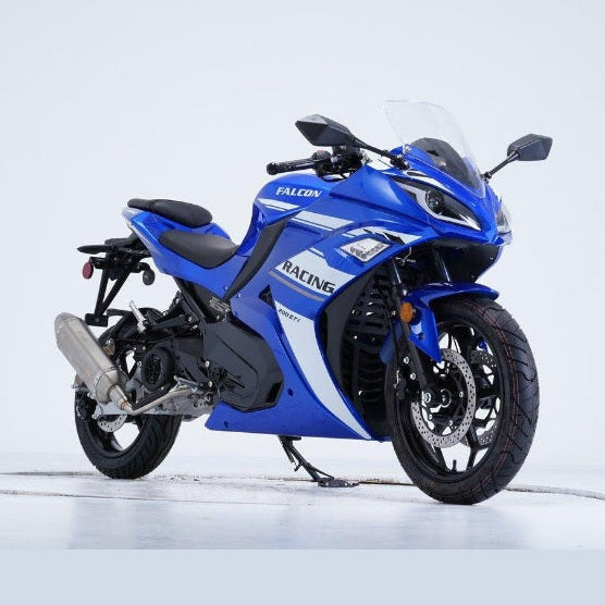Blue motorcycle with white racing stripes side view featuring silver exhaust pipe