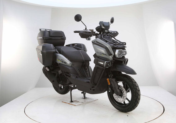grey TANK 200 EFI PRO DELUXE scooter with storage boxes on a white platform
