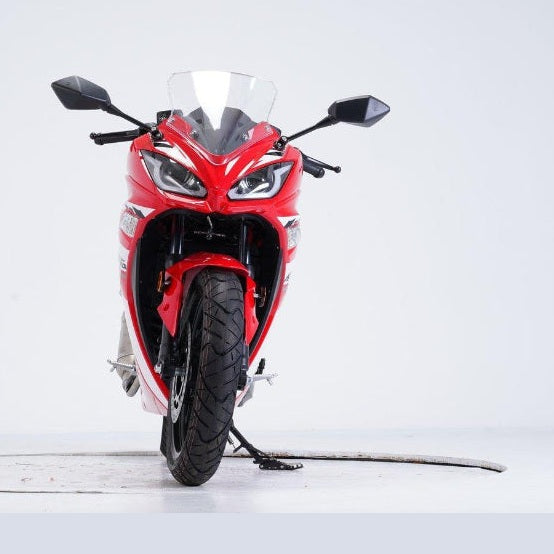 Red and white Vitacci Falcon 200cc motorcycle front view with dual headlights