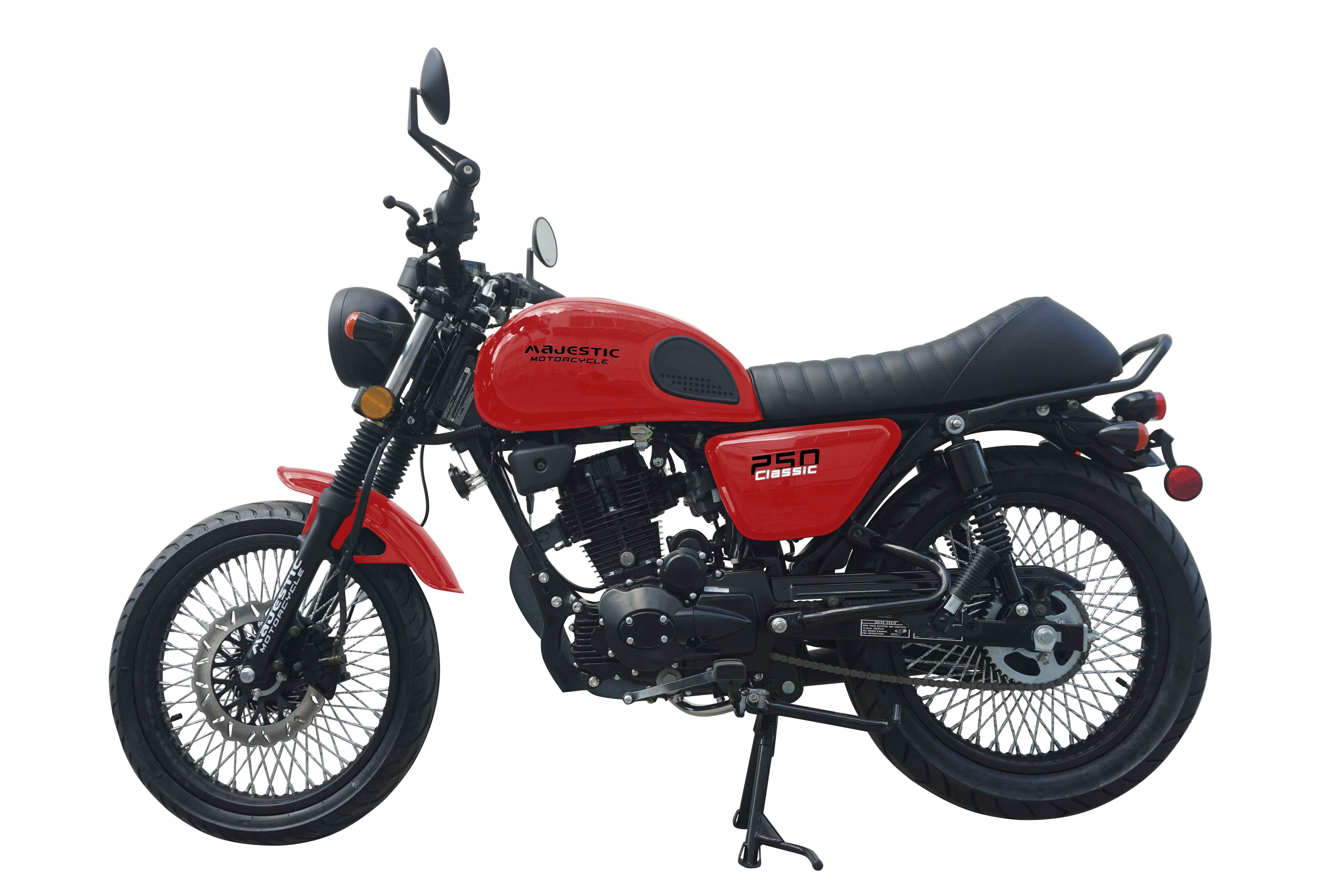 Red and black Majestic 250 Classic motorcycle with spoked wheels and retro styling