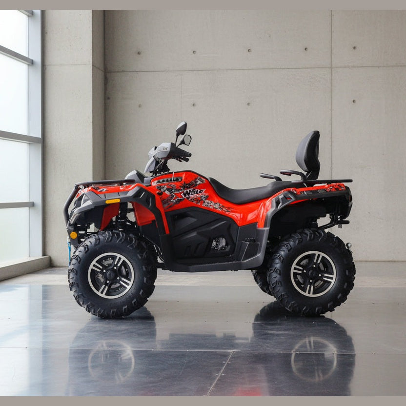 Red and black Loncin XWolf 550L 4x4 EPS ATV side profile with graphic decals and passenger backrest