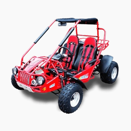 Red Trail Master 300cc XRS off-road buggy with black roll cage and knobby tires
