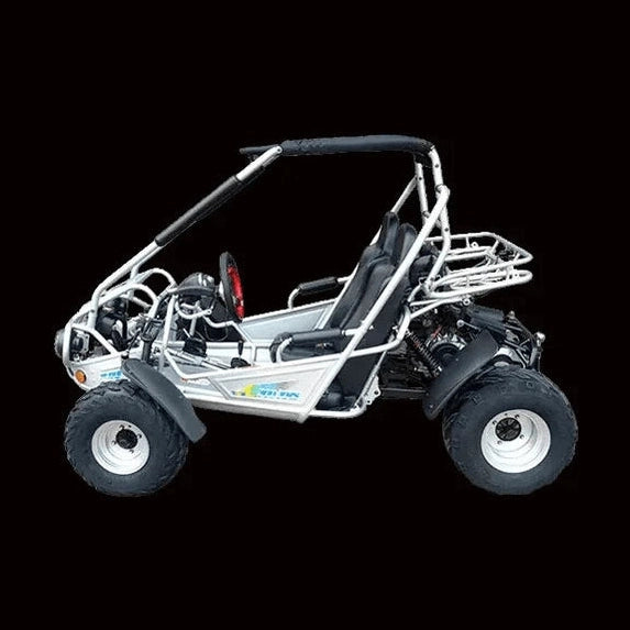 Silver tubular frame TrailMaster 300 XRS go kart with black seats on black background