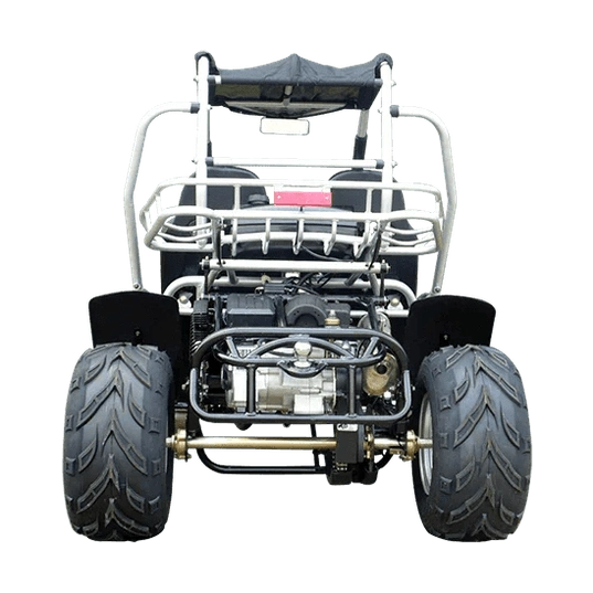 Rear view of silver TrailMaster 300cc go kart with cargo rack and tail light