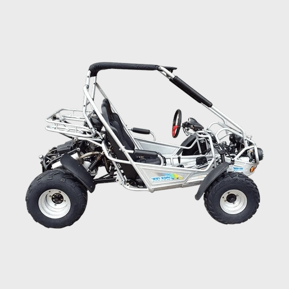 Silver TrailMaster 300cc EFI go kart side profile with roll bar padding