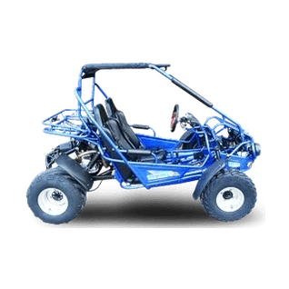 Blue TrailMaster 300XRSE off-road buggy side profile with white rims