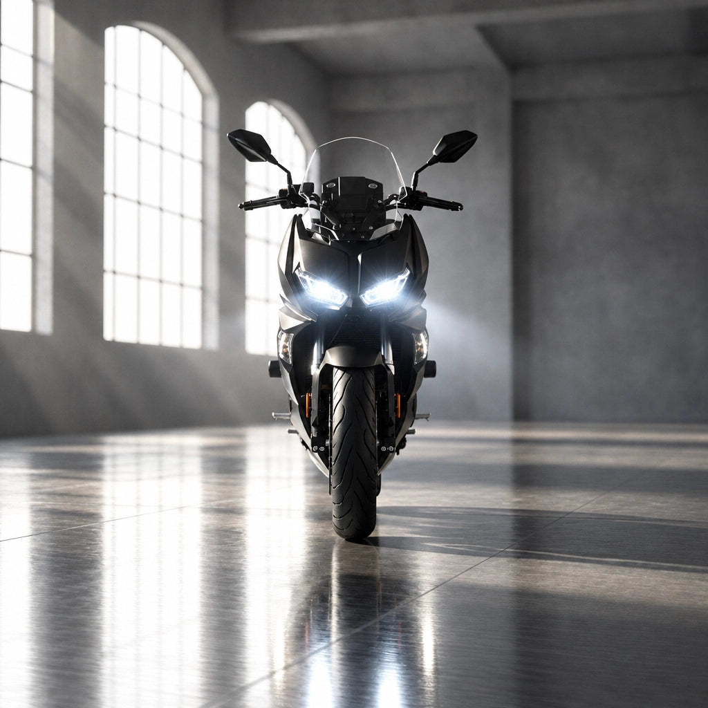 Matte black Supermach GC300T EFI maxi scooter front view with LED headlights