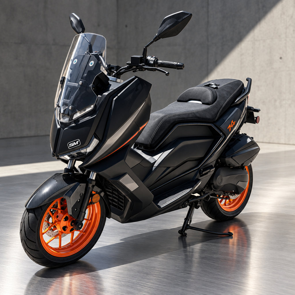 Supermach GC300T black scooter with orange rims and windscreen
