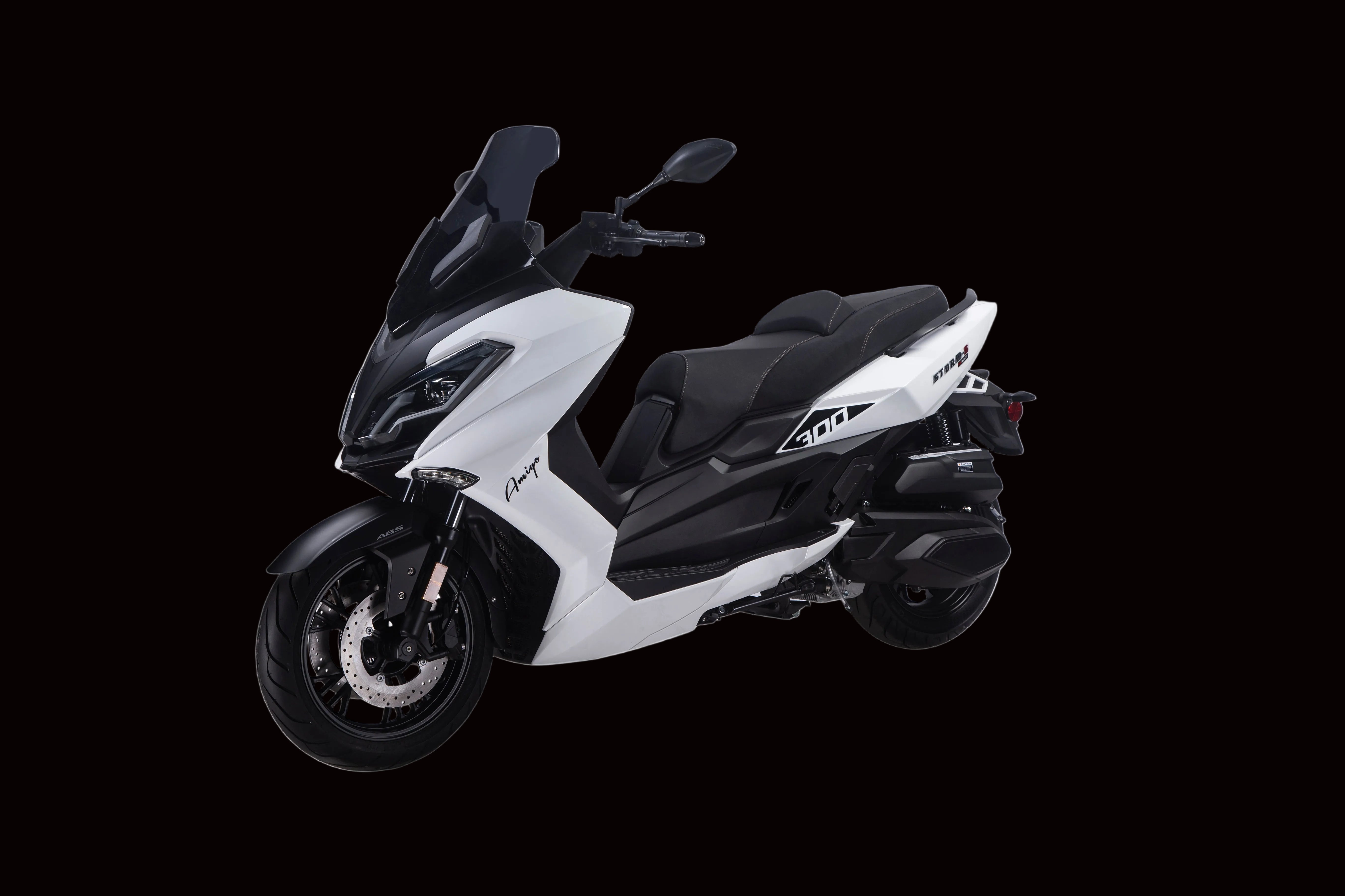 White 300cc Amigo scooter with black accents on a white background for sale