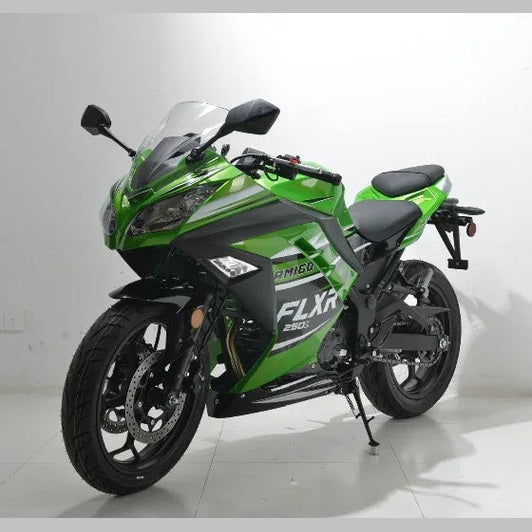 Bright green Amigo FLXR 250i sport motorcycle front view with windscreen