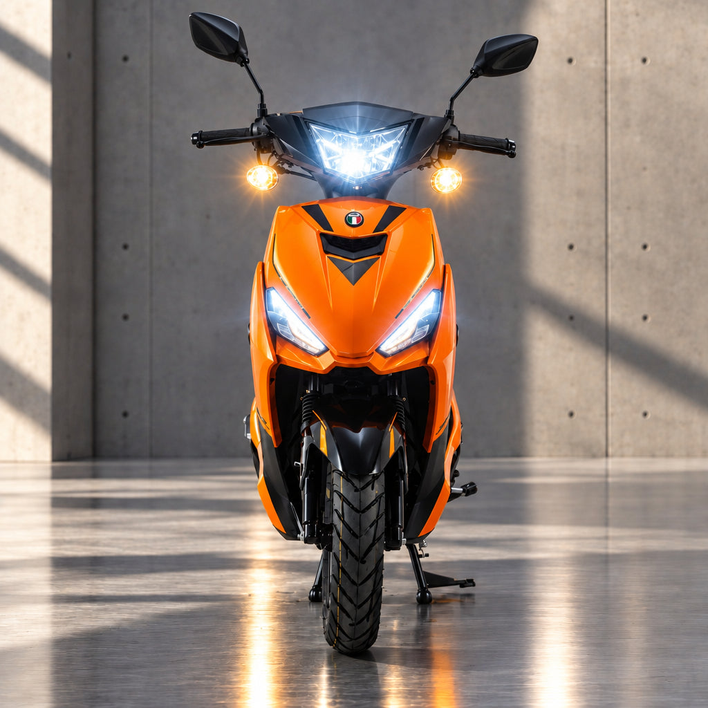 Orange and black Amigo SS-200 scooter front headlight view